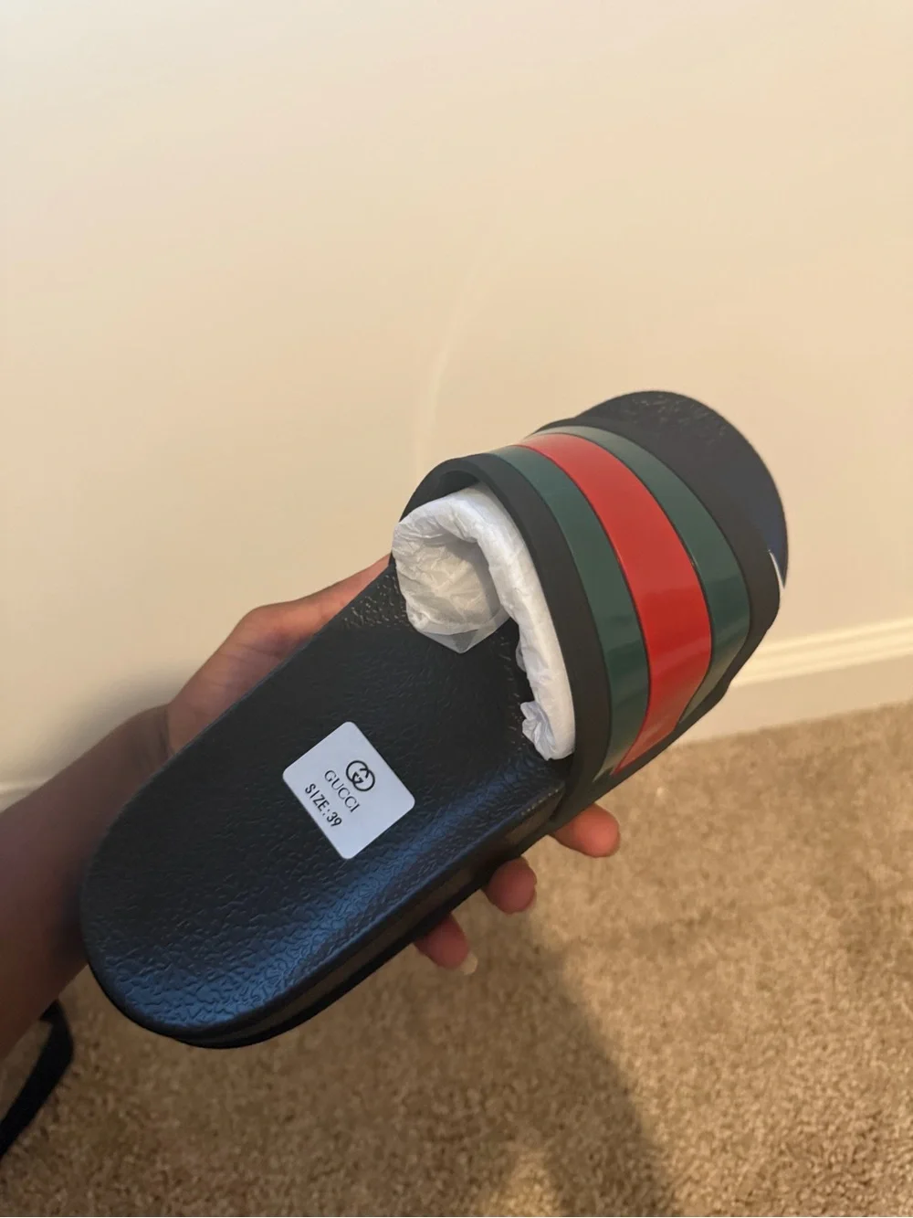 Gucci Black Slide Sandal with Red and Green Stripes
